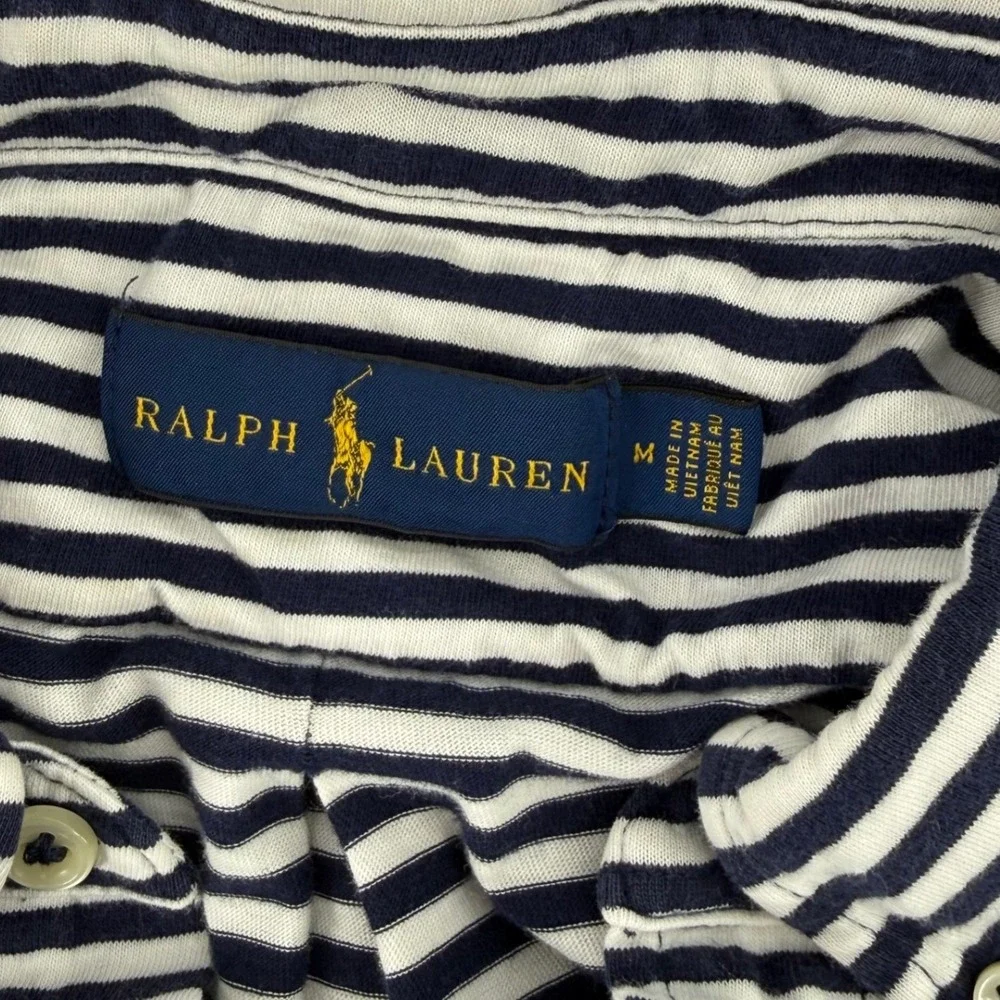 Ralph Lauren Mens Medium Navy White Striped Red Pony Short Sleeve‎ Polo Shirt